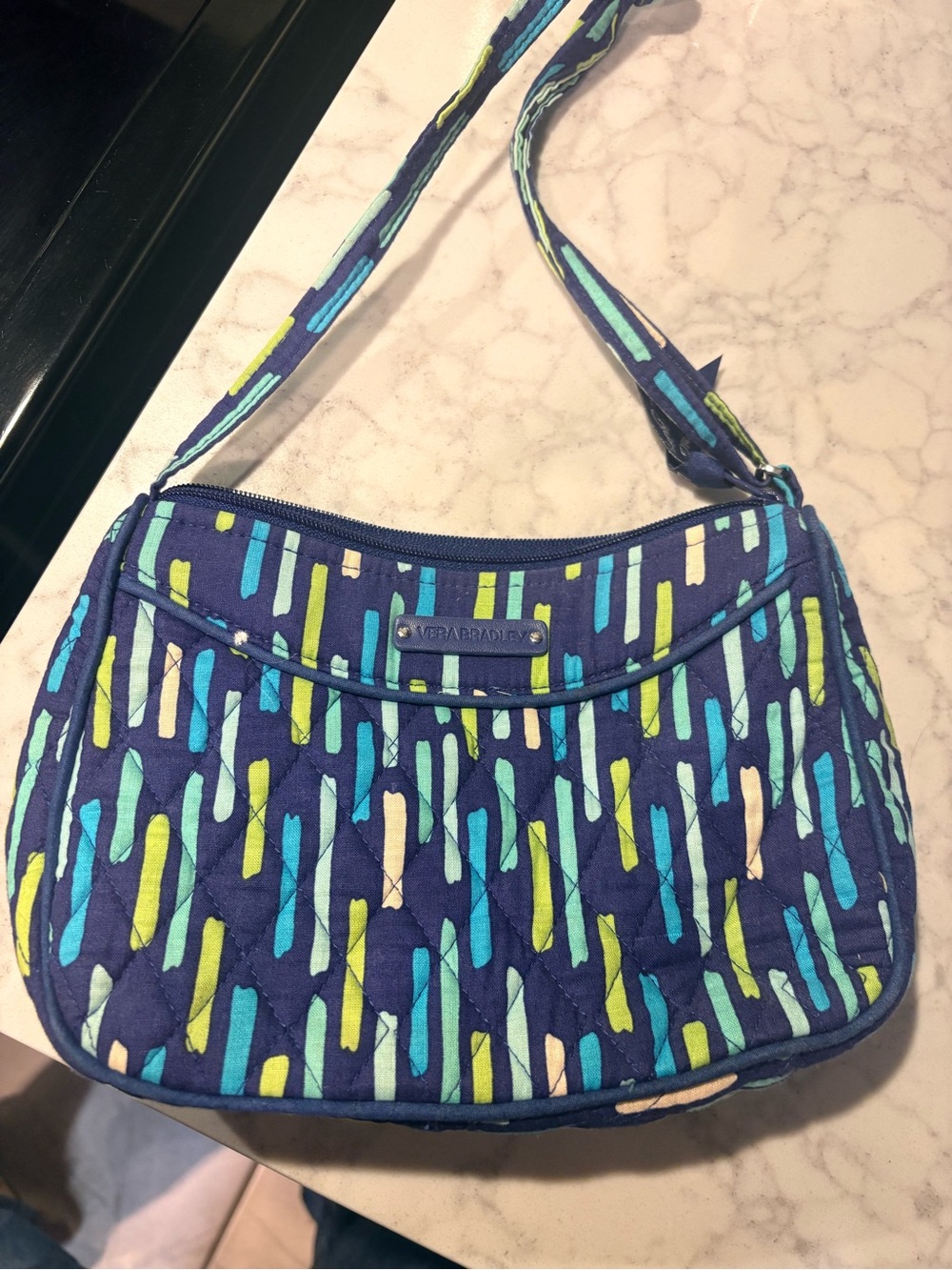 Vera Bradley Navy Crossbody with Teal & Lime Stripe Print